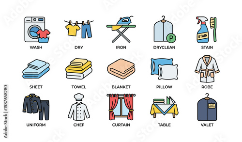 Laundry and housekeeping icons: washing, drying, ironing, and more essentials