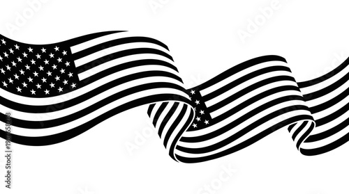 Dynamic monochrome ribbon representing national pride and unity, flowing in a graceful, abstract banner shape with symbolic stars and stripes