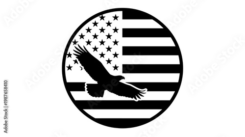 Bold patriotic emblem with a majestic eagle silhouette flying over a classic American flag pattern, elegantly enclosed in a circular design, symbolizing national pride and freedom