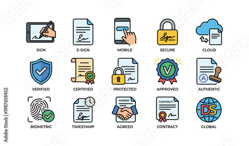 Digital signatures and security icons: sign, e-sign, mobile, secure, cloud, verified