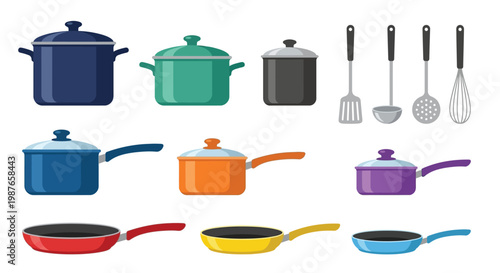 Colorful collection of cookware including pots pans and kitchen utensils