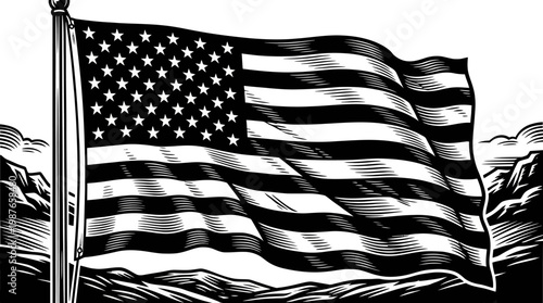 American flag waving majestically against a backdrop of stylized hills and sky, symbolizing freedom and patriotism