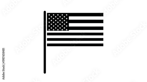 Minimalist black and white vector icon portraying the national flag of the United States, mounted on a flagpole, symbolizing national pride, freedom, and heritage