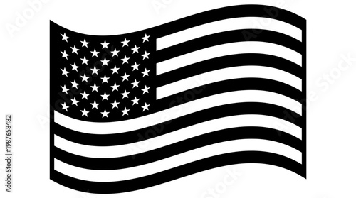 Black and White Illustration of the United States Flag Waving Symbolizing Patriotism and National Pride