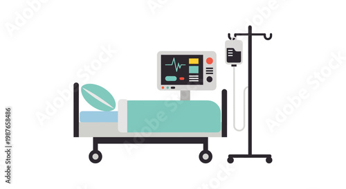 Flat vector illustration of hospital room essentials empty patient bed, vital signs monitor, and IV drip stand. Symbolizing healthcare, patient care, and medical treatment concepts