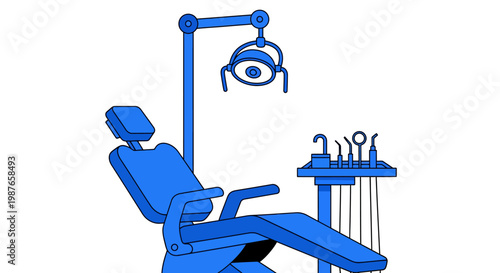 Blue dental chair with equipment for dental care and oral hygiene