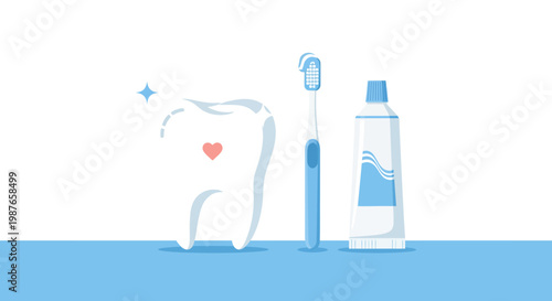Dental hygiene illustration of a healthy tooth with a heart symbol, toothbrush, and toothpaste, promoting oral care and a bright smile