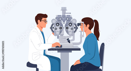 Ophthalmologist examining a patient's eyes with a slit lamp at an eye clinic