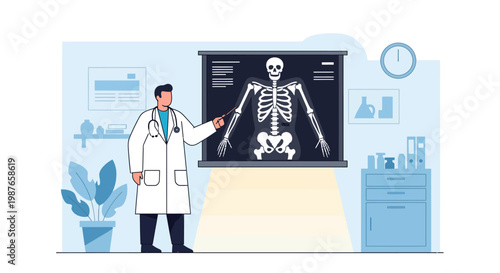 Medical professional explaining human skeletal anatomy on a digital X-ray display in a modern clinic office, showcasing diagnostic and educational concepts for health and learning