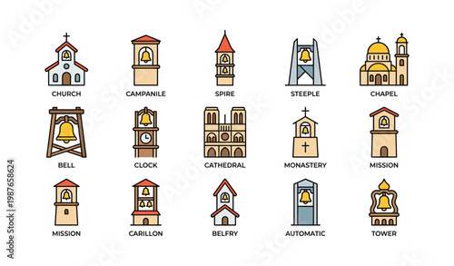 Church architecture icons: cathedral, chapel, belfry, bell tower, spire designs