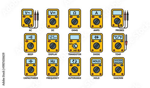 Colorful multimeter icons displaying various electrical measurement functions