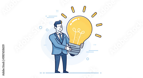 Businessman Holding a Giant Glowing Light Bulb, Symbolizing Innovation and New Ideas in Business Strategy