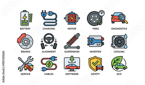 Car maintenance and repair icons: battery, charging, motor, tires, diagnostics, brakes, alignment