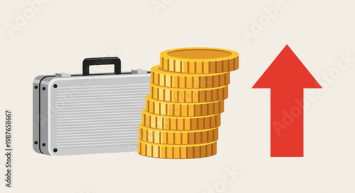 Conceptual illustration of financial investment growth, featuring a professional briefcase, a rising stack of gold coins, and an upward arrow symbolizing increasing profits and success