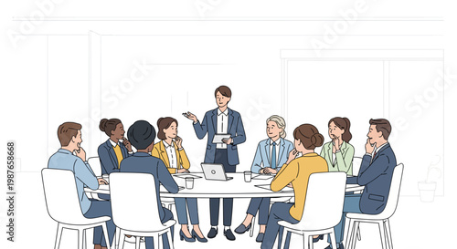 Diverse Business Team Engaged in Productive Meeting with Female Leader Presenting Key Strategies and Fostering Discussion in a Modern Office Setting