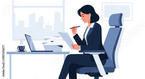 Focused businesswoman meticulously reviewing documents at her office desk with a laptop and coffee