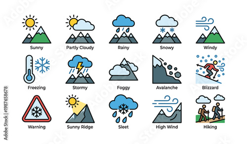 Weather icons collection: sunny, cloudy, rainy, and more atmospheric symbols