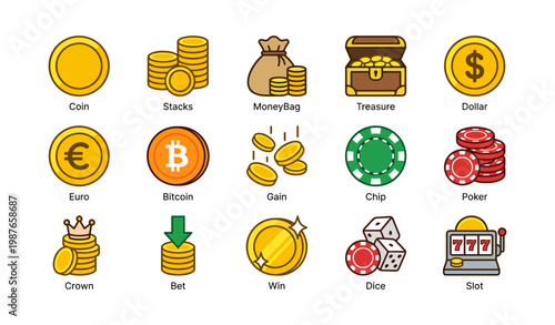 Assorted currency and gambling symbols including coins and dice
