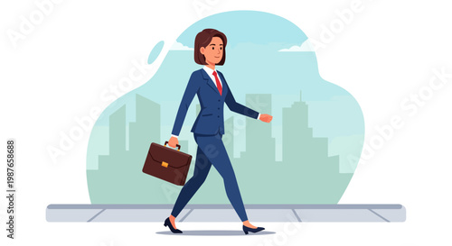 Confident businesswoman walking purposefully with a briefcase on an urban street, embodying professional drive and career ambition within a dynamic city environment