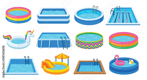 Collection of colorful inflatable and framed pools with accessories