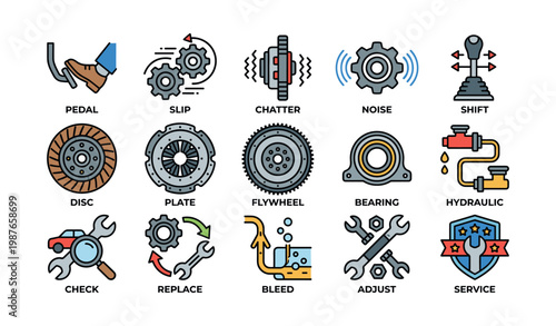 Automotive parts and repair icons featuring pedal, gears, wrench, flywheel, adjustment tools