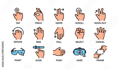 Hand gesture icons for touch control and virtual reality interaction