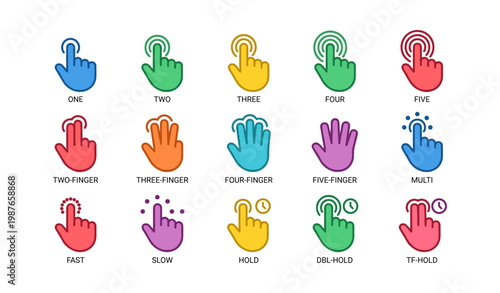 Colorful hand gesture icons for multi-touch and single-touch commands