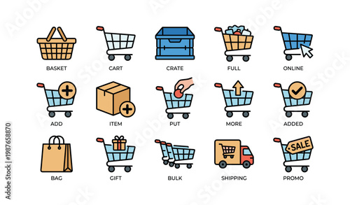 Shopping cart icon set: basket, add items, online, bulk, shipping, promo