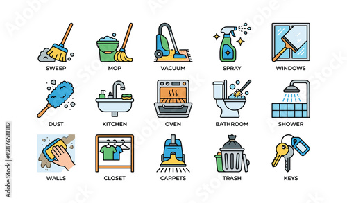 Colorful home cleaning icons: broom, mop, vacuum, spray bottle, shower, key