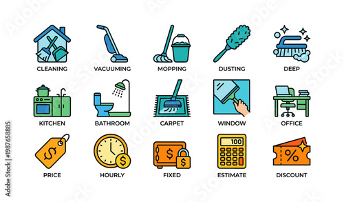 Cleaning services icons: vacuuming, mopping, dusting, deep cleaning, price estimates