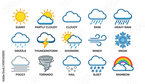 Weather icons collection: sun, clouds, rain, wind, snow, rainbow, tornado