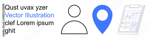 User identity, geolocation tracking, data analysis, business reporting, navigation tools, data visualization. Icons of person outline, location marker and clipboard with graph. Geolocation tracking