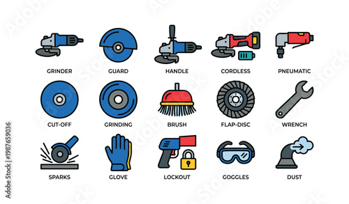 Assorted colorful construction tool icons set with safety equipment