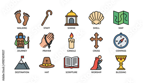 Pilgrimage symbols collection featuring walking, shrine, map, prayer, and candle icons