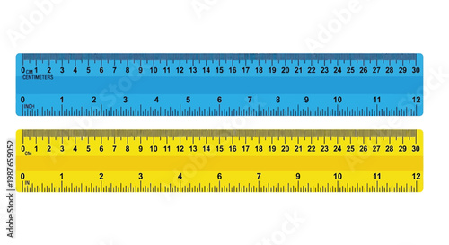 Two colorful rulers displaying centimeter and inch measurements on white background