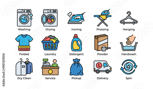 Laundry icons: washing, drying, ironing, folding, delivery services