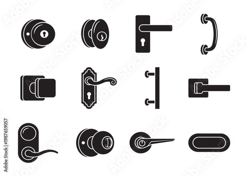 Door handle set, modern and classic knob icon, entrance hardware interior vector illustration.