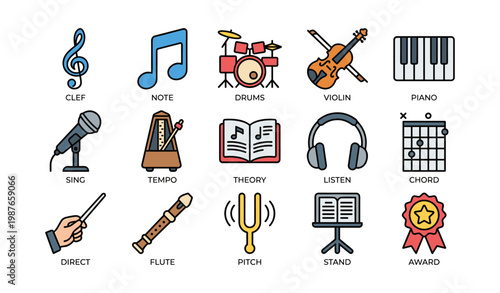 Music icons set featuring instruments and symbols for education and performance
