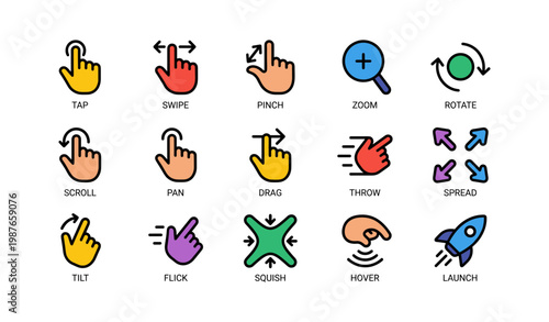 Colorful icons illustrating various touchscreen gestures and actions