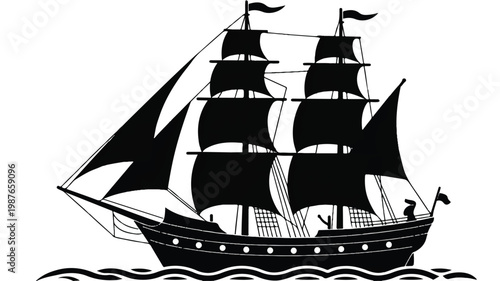 A black silhouette illustration of a sailing ship on the ocean waves
