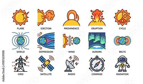 Solar phenomena illustrations: flare, ejection, aurora, satellite, astronaut