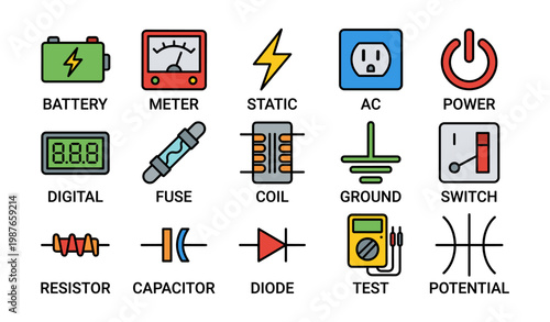 Electrical component icons: battery, fuse, resistor, capacitor, power switch