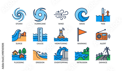 Weather and ocean icons: storm, hurricane, wind, wave, tide, warning, flooding, erosion, damage