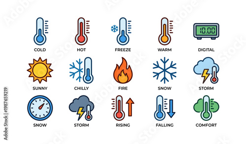 Weather and temperature icons: cold, hot, freeze, warm, digital, storm, snow, fire