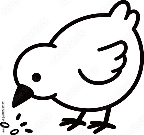 Simple line drawing of a cartoon chick pecking at seeds