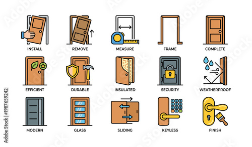 Door installation and security icons: installation, durability, insulation, weatherproofing, security