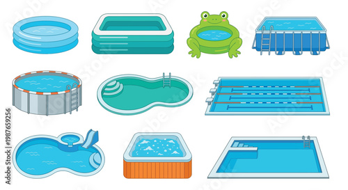 Collection of colorful inflatable and framed pools with a frog