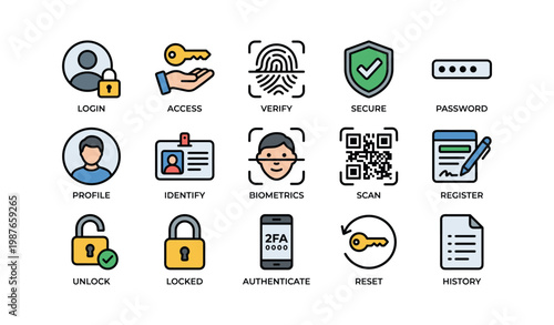 Digital security icons: login, access, verification, protection, authentication