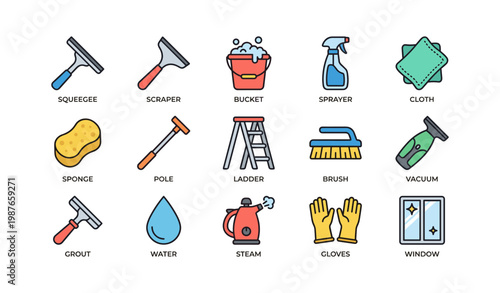 Cleaning equipment icons: squeegee, scraper, bucket, and more essentials