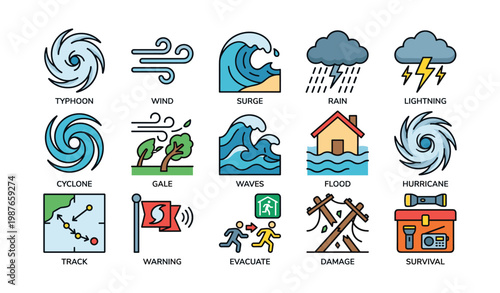 Typhoon weather icons illustrating storm elements and safety measures